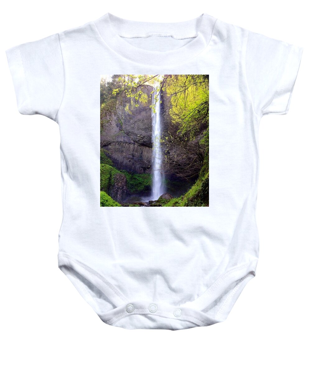 Latourell Falls Baby Onesie featuring the photograph Lone Waterfall by Harvest Moon Photography By Cheryl Ellis