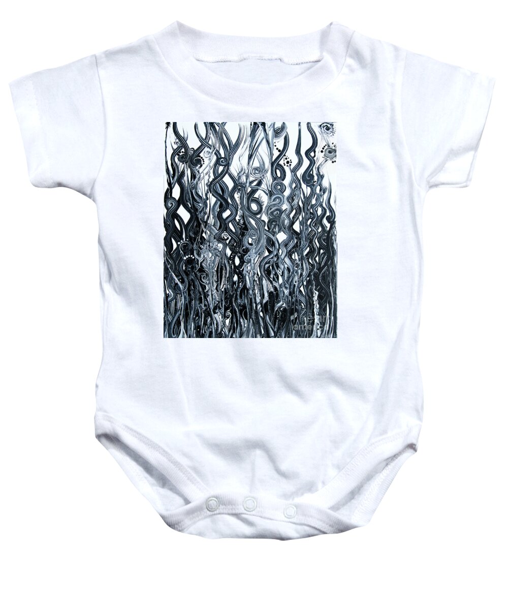 Black And White Organic Energetic Textural Compelling Dynamic Fun Baby Onesie featuring the painting Loopy Weedy Garden by Priscilla Batzell Expressionist Art Studio Gallery