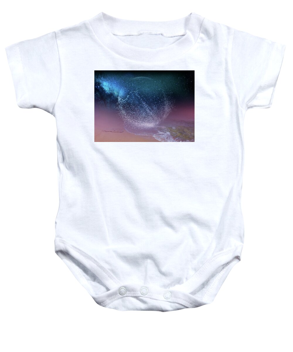 Magic Baby Onesie featuring the mixed media Magical Night Moment By The Seashore In Dreamland 3 by Johanna Hurmerinta