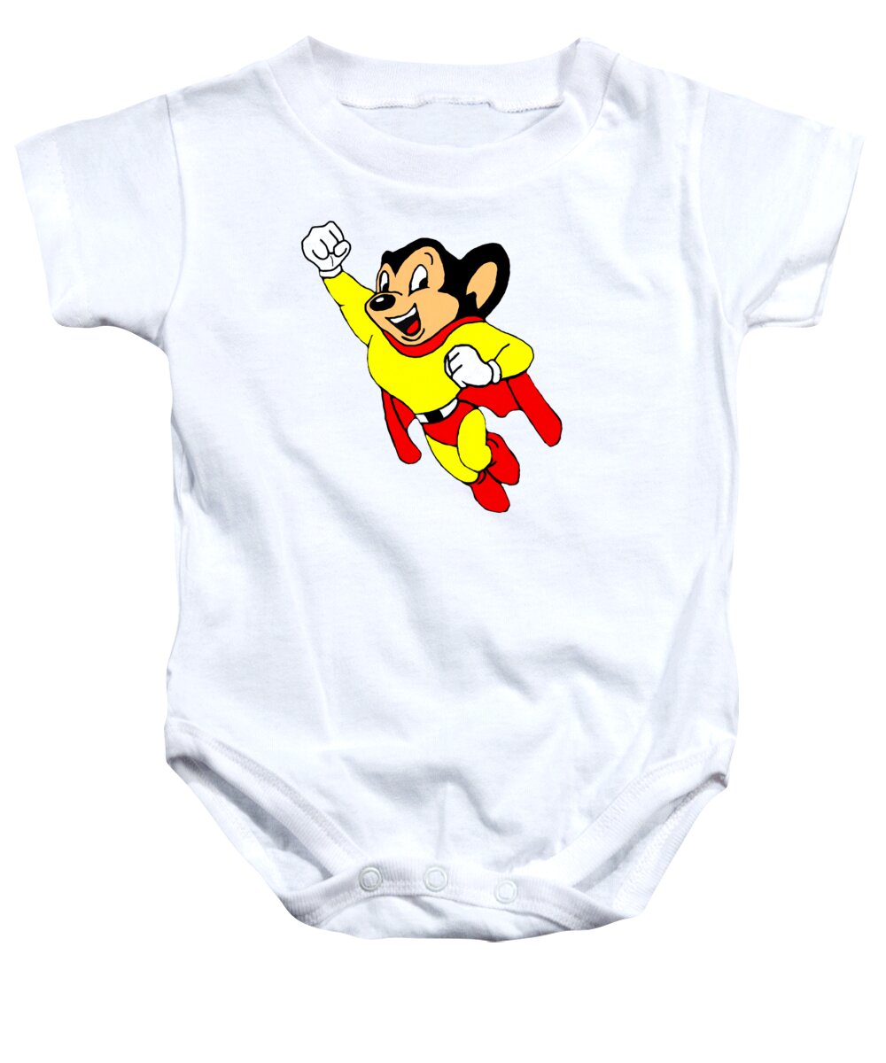 Mouse Baby Onesie featuring the mixed media Mighty Mouse Small But Mighty by Movie Poster Prints