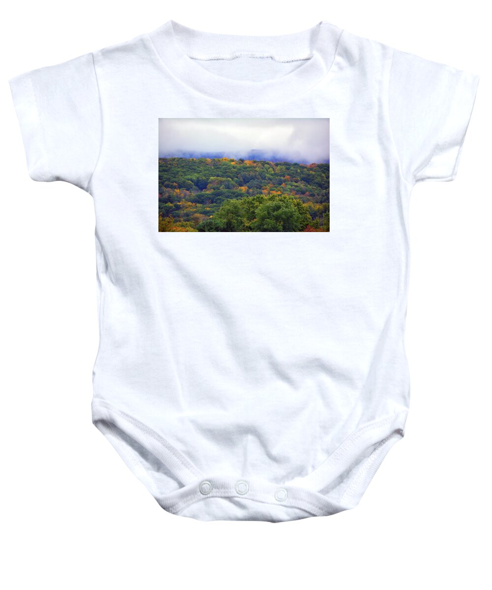 Mount Greylock In The Clouds Baby Onesie featuring the photograph Mount Greylock in the Clouds by Raymond Salani III