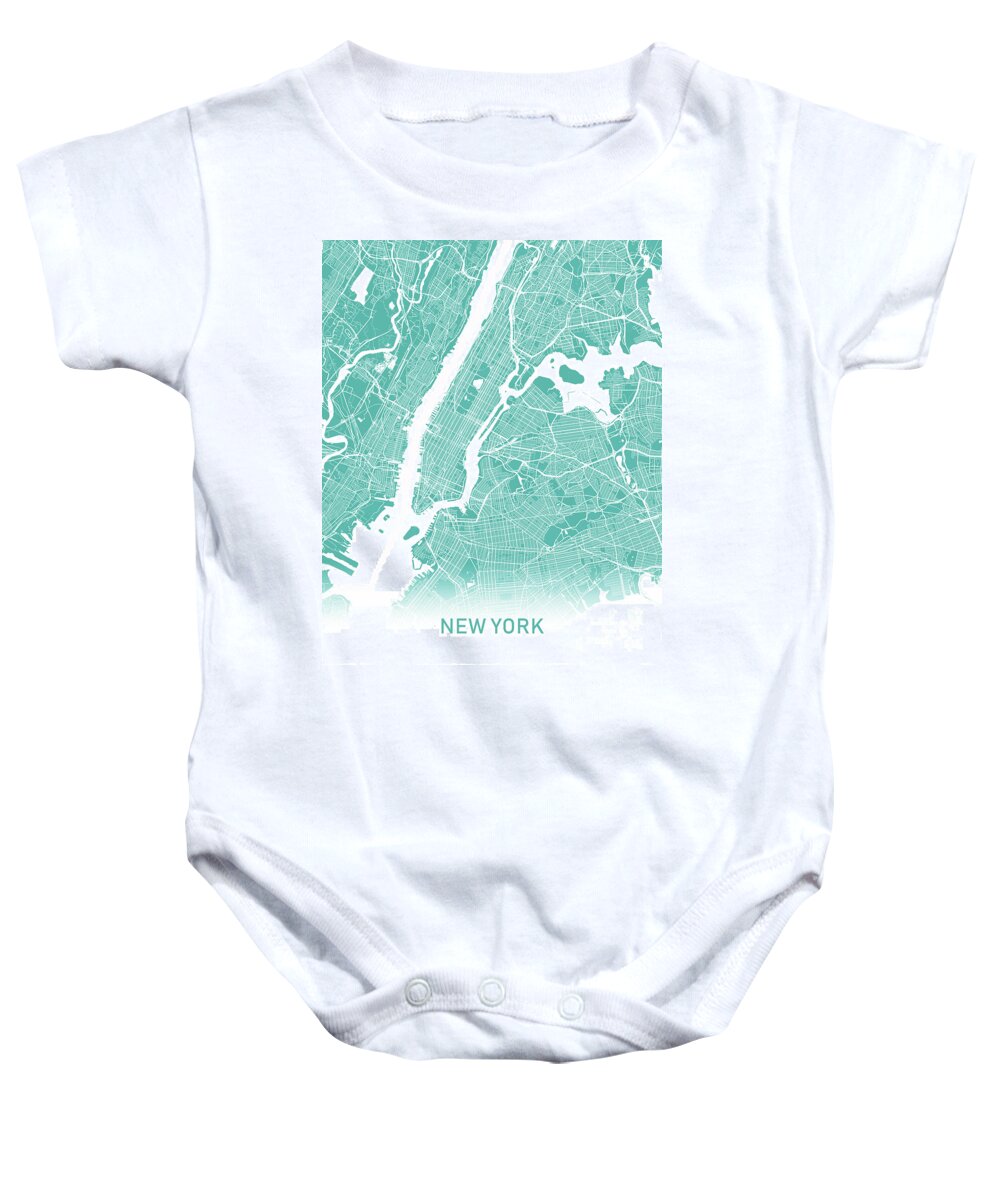 New York Baby Onesie featuring the digital art New York map teal by Delphimages Map Creations