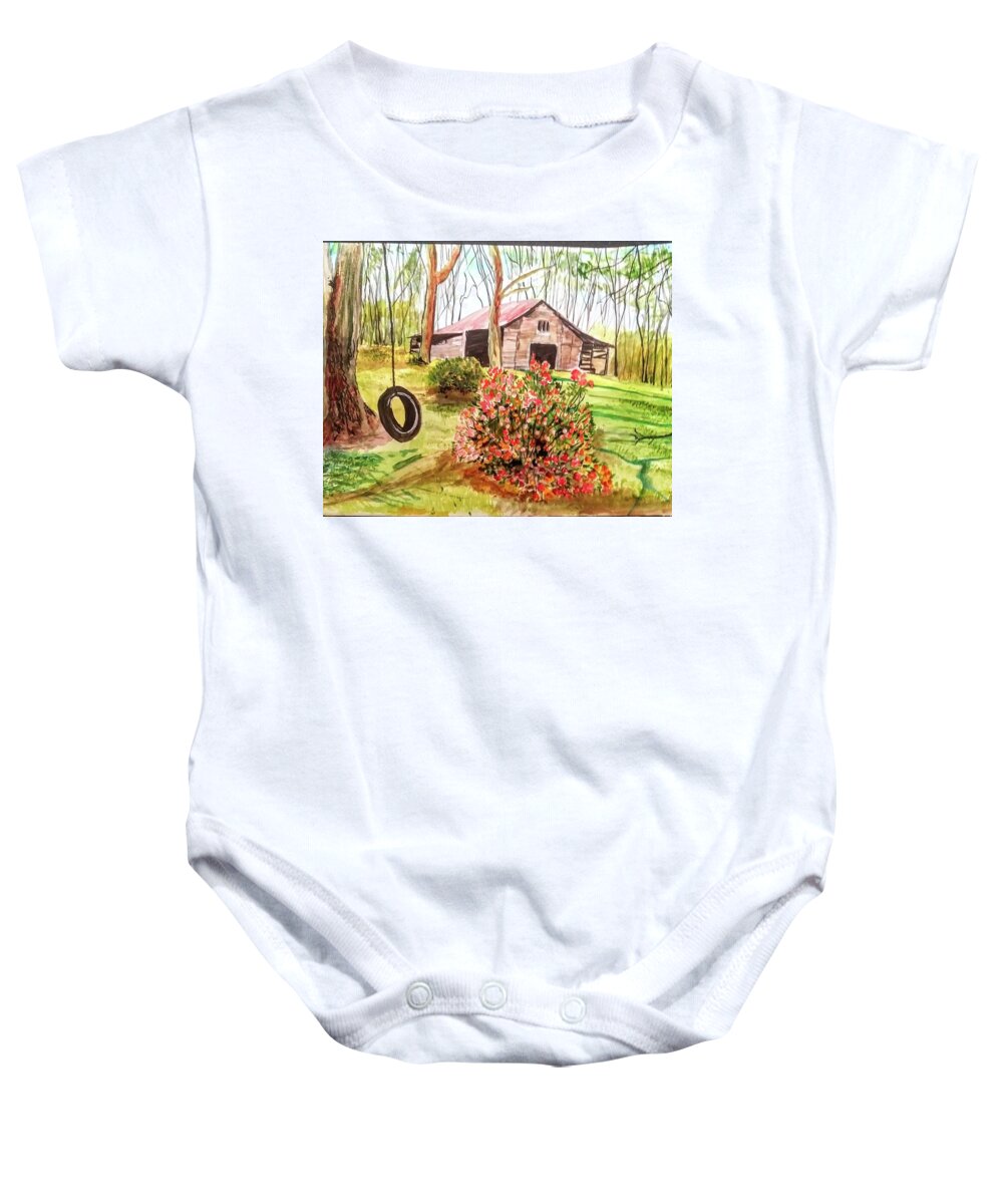 Farm Life Baby Onesie featuring the painting Old Family Barn by Mike Benton