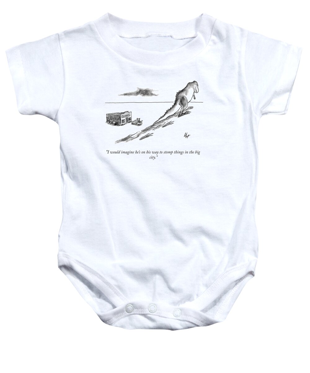 i Would Imagine He's On His Way To Stomp Things In The Big City. People Baby Onesie featuring the drawing On His Way To Stomp Things by Frank Cotham