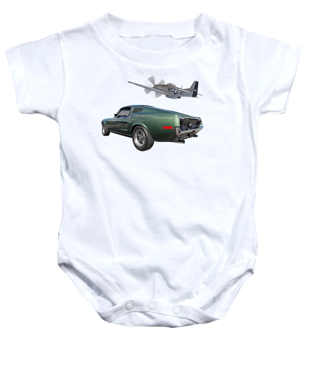 Ford Mustang Baby Onesie featuring the photograph P51 With Bullitt Mustang by Gill Billington
