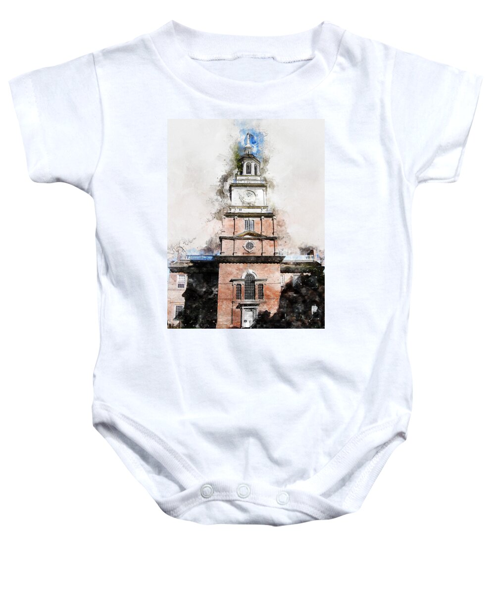 Philadelphia Independence Hall Baby Onesie featuring the painting Philadelphia Independence Hall - 01 by AM FineArtPrints