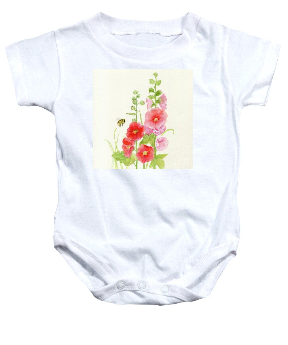 Flowers Baby Onesie featuring the painting Pink Hollyhock Watercolor by Laurie Rohner