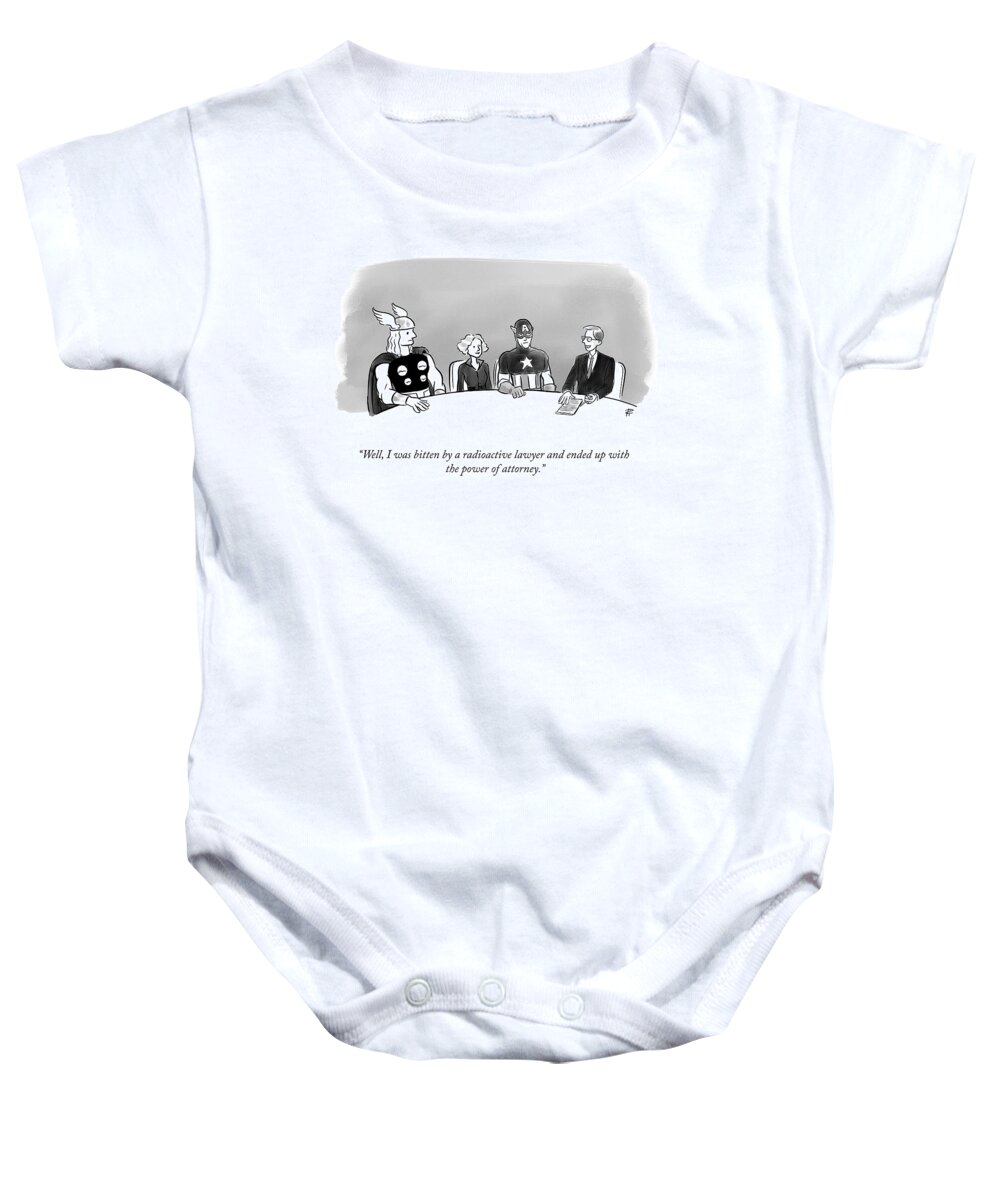 “well I Was Bitten By A Radioactive Lawyer And Ended Up With The Power Of Attorney.” Legal Baby Onesie featuring the drawing Power of Attorney by Pia Guerra
