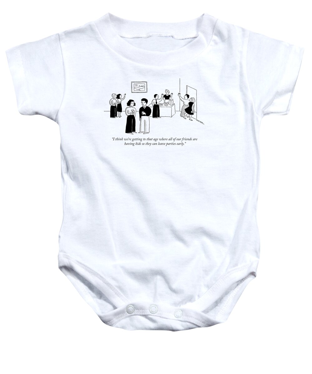 “i Think We’re Getting To That Age Where All Of Our Friends Are Having Kids So They Can Leave Parties Early.” Couple Baby Onesie featuring the drawing Reasons For Having Kids by Elisabeth McNair