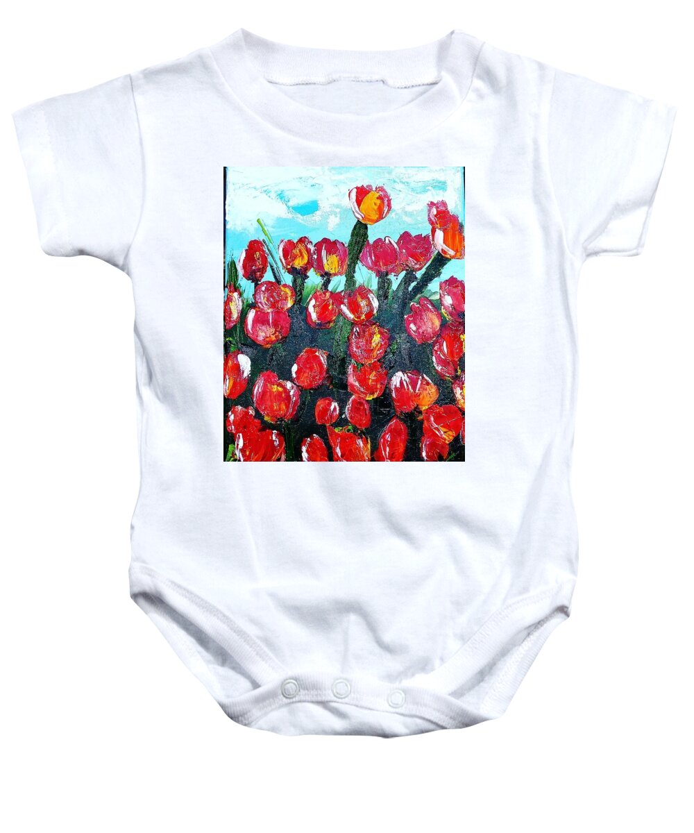 Red Baby Onesie featuring the photograph Red Tulips by Amy Kuenzie