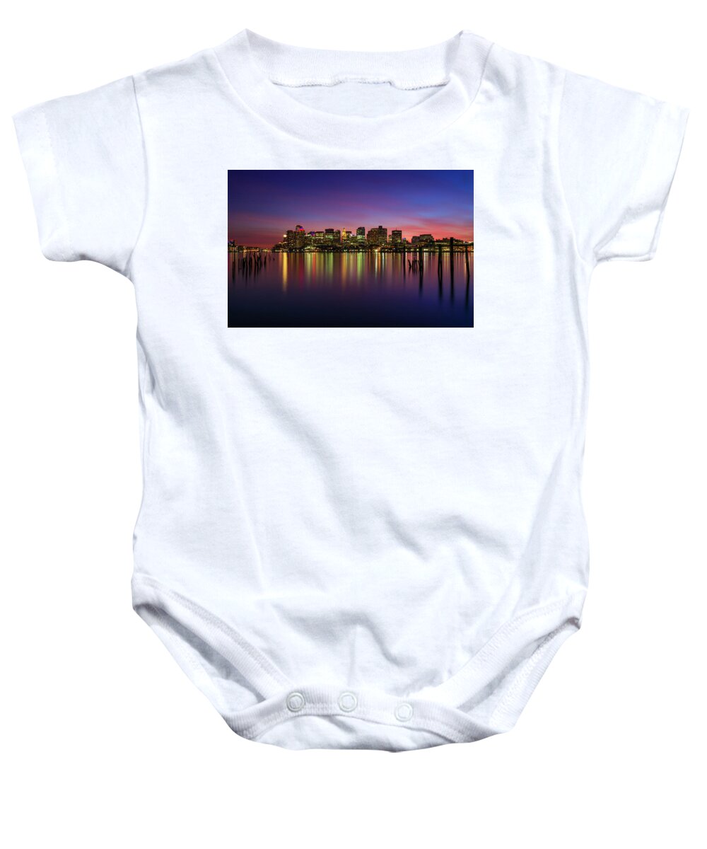 Boston; City; Cityscape; Color; Colorful; Sunset; Lo Presti Park; Posts; Old; Skyscrapers; Custom House; Long Exposure; Calm; Winter; Lights; Reflections; Harbor; Historic; Beantown; Massachusetts; New England; Rob Davies; Photography Baby Onesie featuring the photograph Reflections of Boston II by Rob Davies