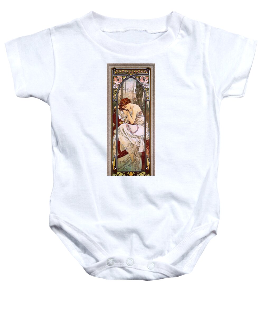 Rest Of The Night Baby Onesie featuring the painting Rest Of The Night by Alphonse Mucha by Xzendor7