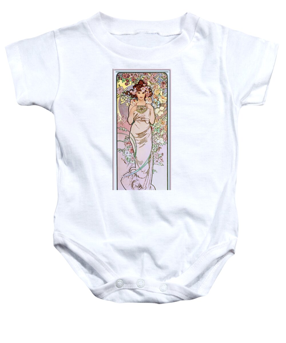 Rose Baby Onesie featuring the painting Rose by Alphonse Mucha by Xzendor7