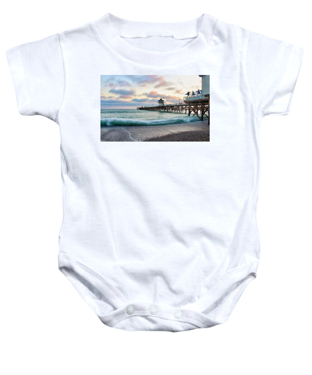 San Clemente Baby Onesie featuring the photograph A San Clemente Pier Evening by Brian Eberly