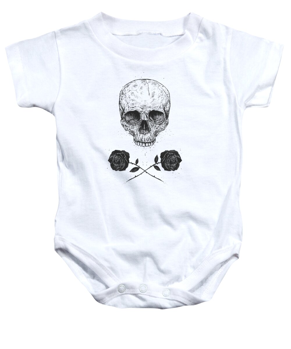 Skull Baby Onesie featuring the drawing Skull N' Roses by Balazs Solti