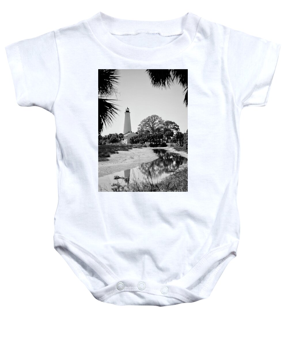 St Marks Lighthouse Baby Onesie featuring the photograph Smooth St Marks Lighthouse Black and White by Carol Groenen