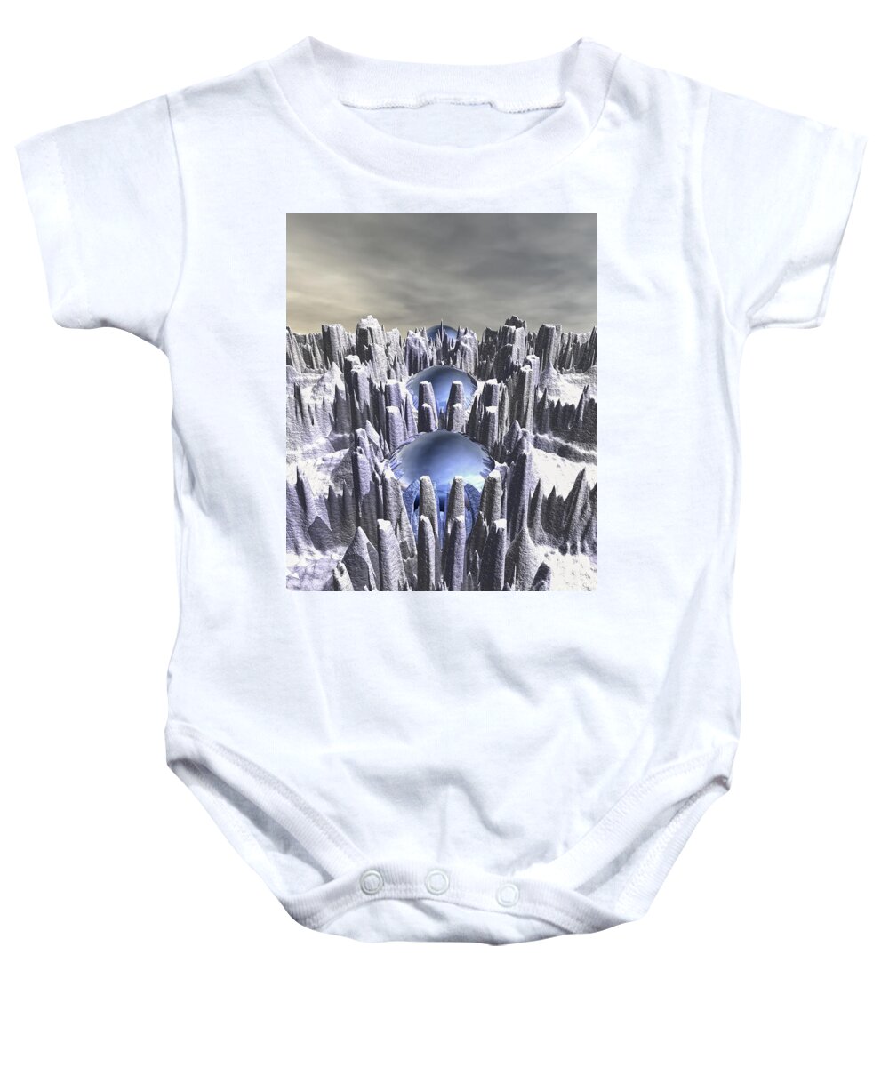 Fantasy Landscape Baby Onesie featuring the digital art Spheres In A Mountain by Phil Perkins