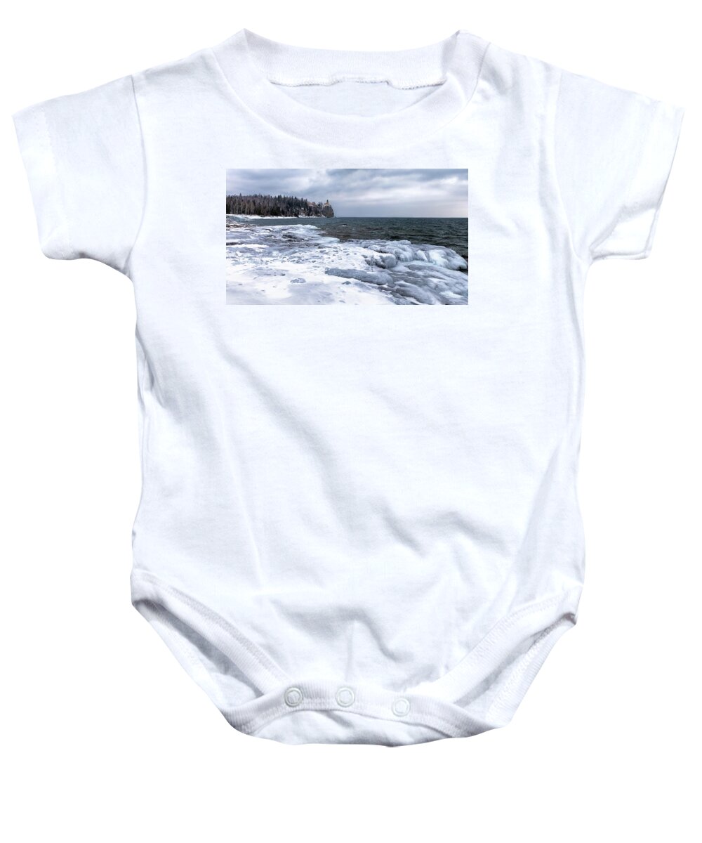 Lighthouse Baby Onesie featuring the photograph Split Rock on Ice by Susan Rissi Tregoning