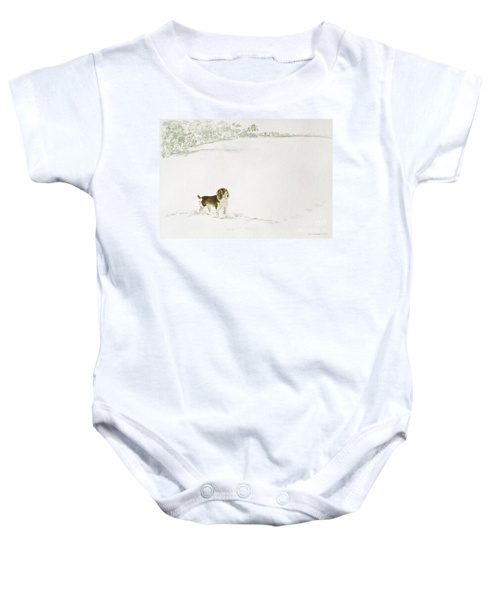 Dog Baby Onesie featuring the painting Springer Spaniel In The Snow by Suzi Kennett