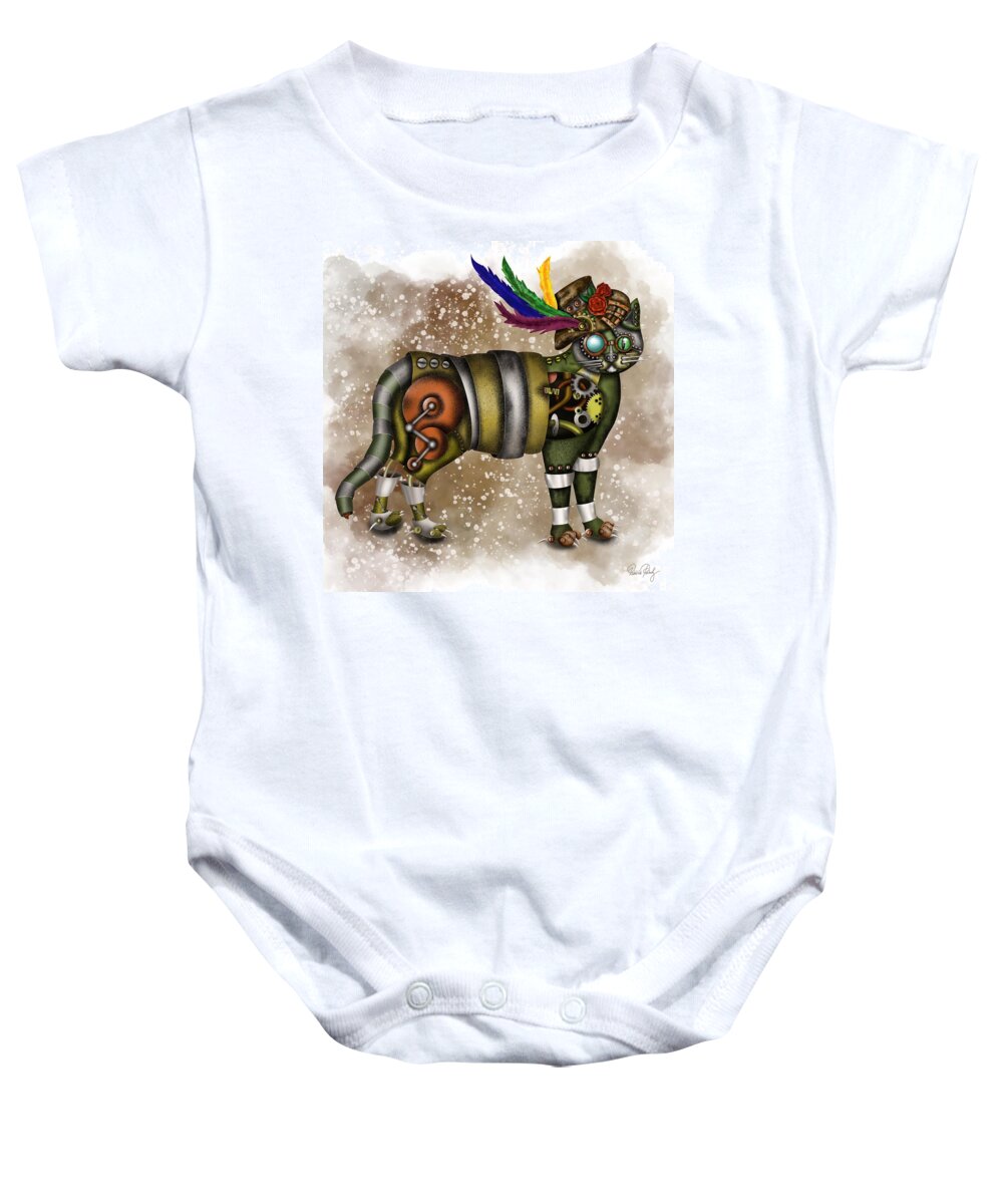 Steampunk Baby Onesie featuring the painting Steampunk cat with hat by Patricia Piotrak