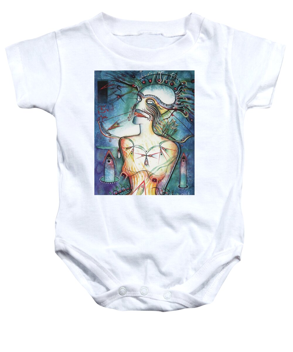 #iconic #icons #symbolic #fantasy #watercolor #straighttonguearrow #balasticmissles #arrows #glenneff #picturerockstudio #thesoundpoetsmusic #iconseries #moutharrow #watercolor #endoftheworld #aliens Www.glenneff.com Baby Onesie featuring the painting Straight Tongue Arrow by Glen Neff