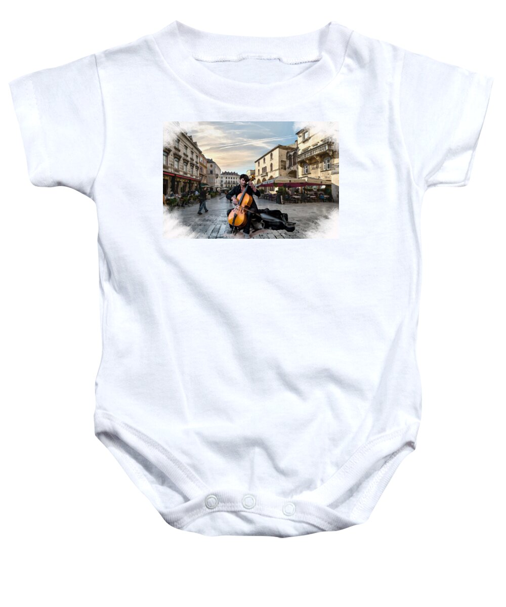 Music Baby Onesie featuring the mixed media Street Music. Cello. by Alex Mir