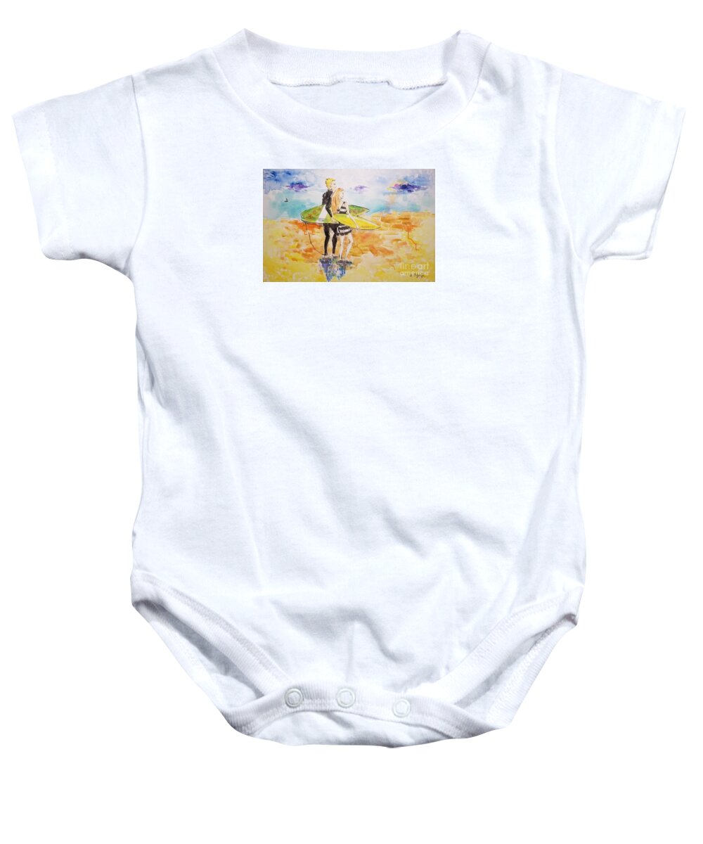 Surfer Baby Onesie featuring the painting Surfer Couple by Leslie Ouyang