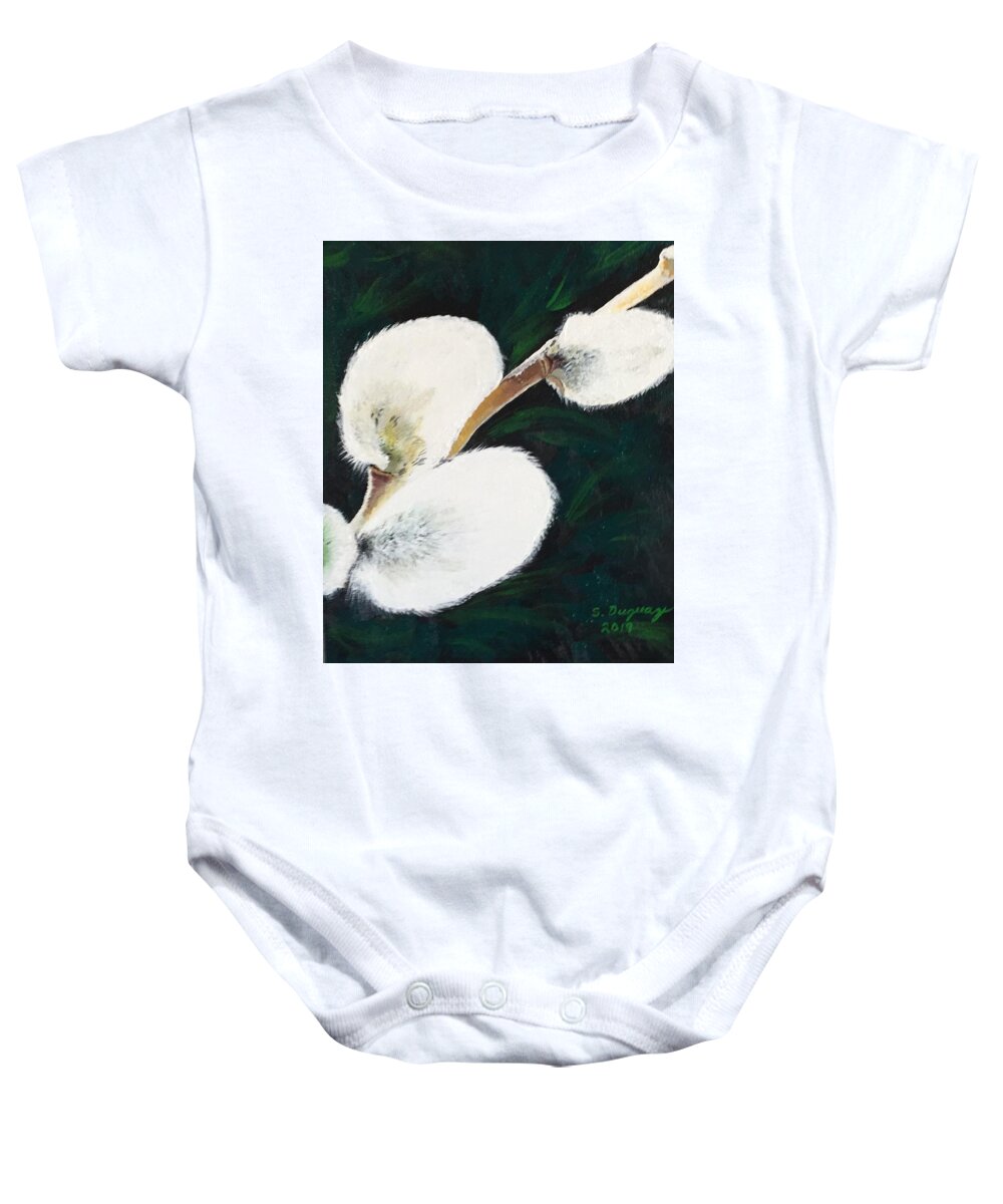 Pussy Baby Onesie featuring the painting Sunlit Pussy Willow by Sharon Duguay