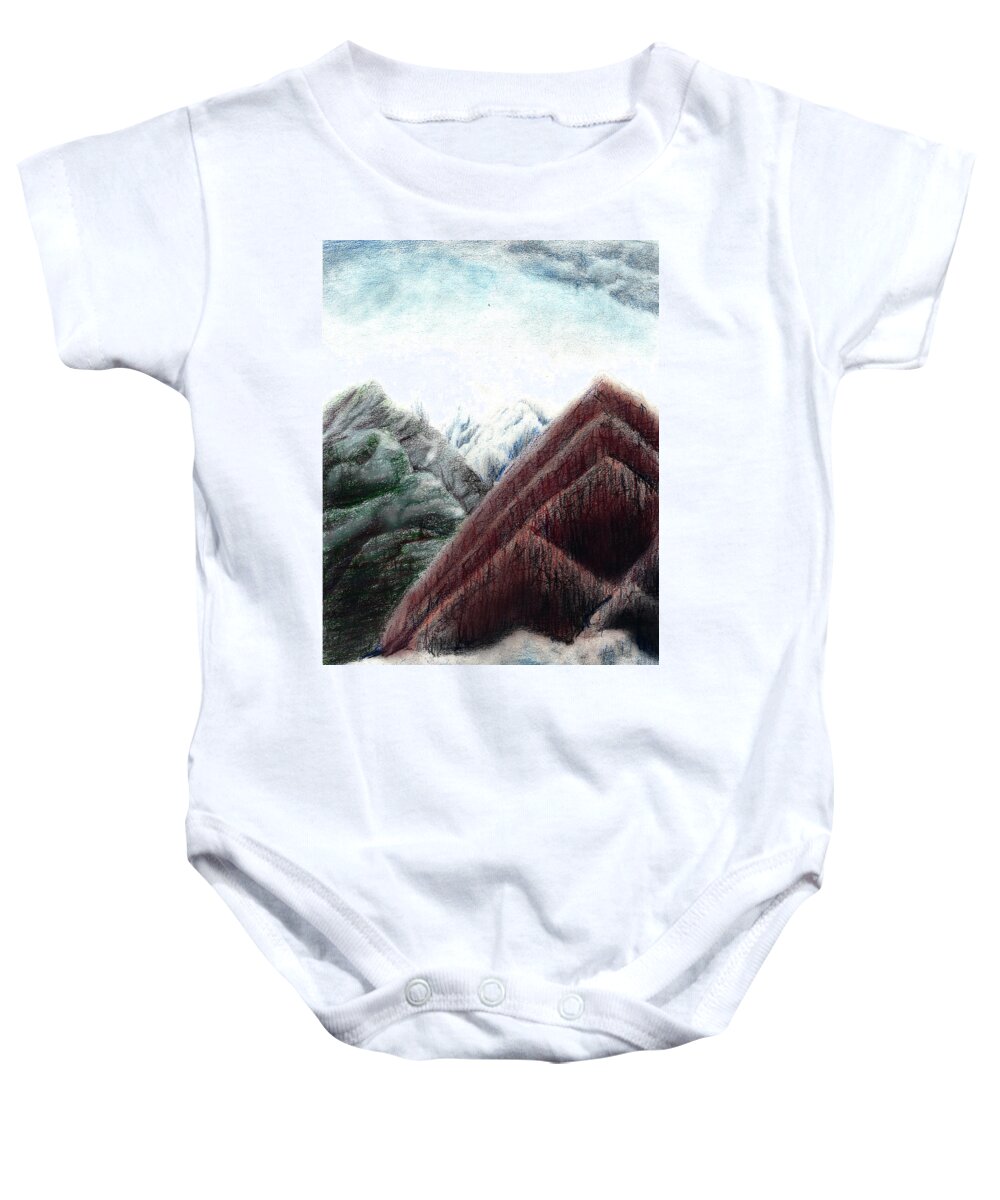 Fairy Tale Baby Onesie featuring the mixed media The Fairy Tale Mountain by Medea Ioseliani