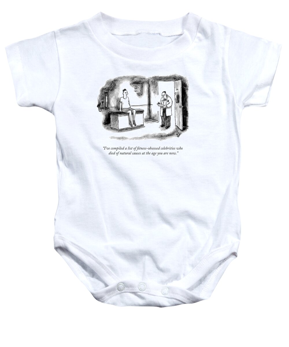 i've Compiled A List Of Fitness-obsessed Celebrities Who Died Of Natural Causes At The Same Age As You Are Now. Active Baby Onesie featuring the drawing The List by Frank Cotham