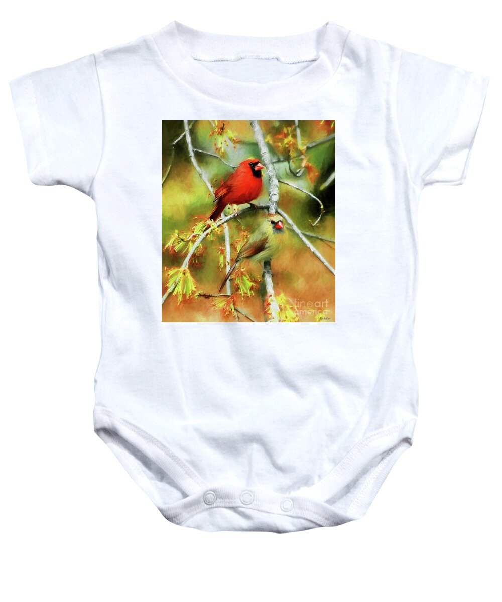 Cardinal Baby Onesie featuring the mixed media The Newlyweds by Tina LeCour