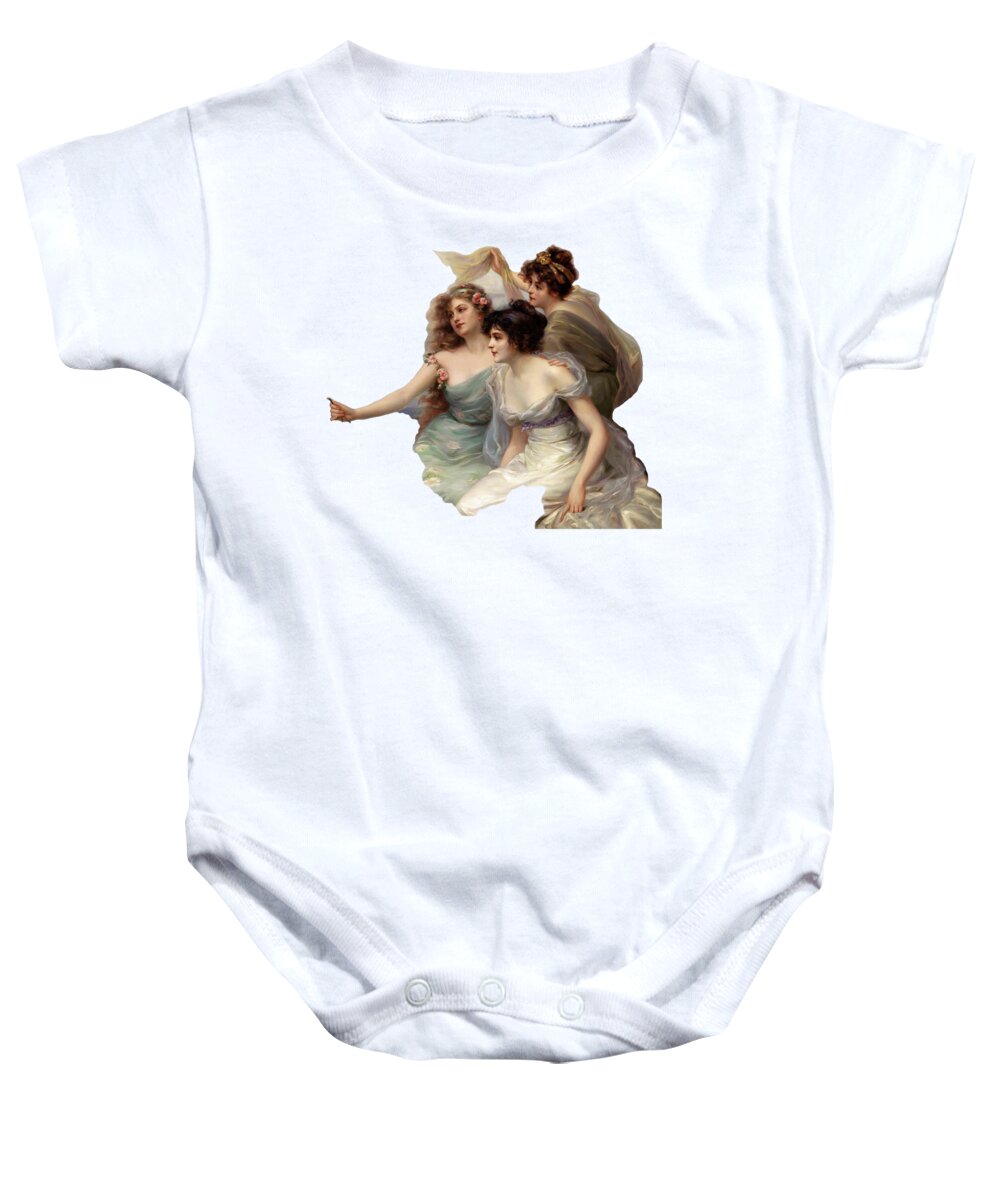 The Three Graces Baby Onesie featuring the painting The Three Graces Die drei Grazien by Edouard Bisson by Xzendor7