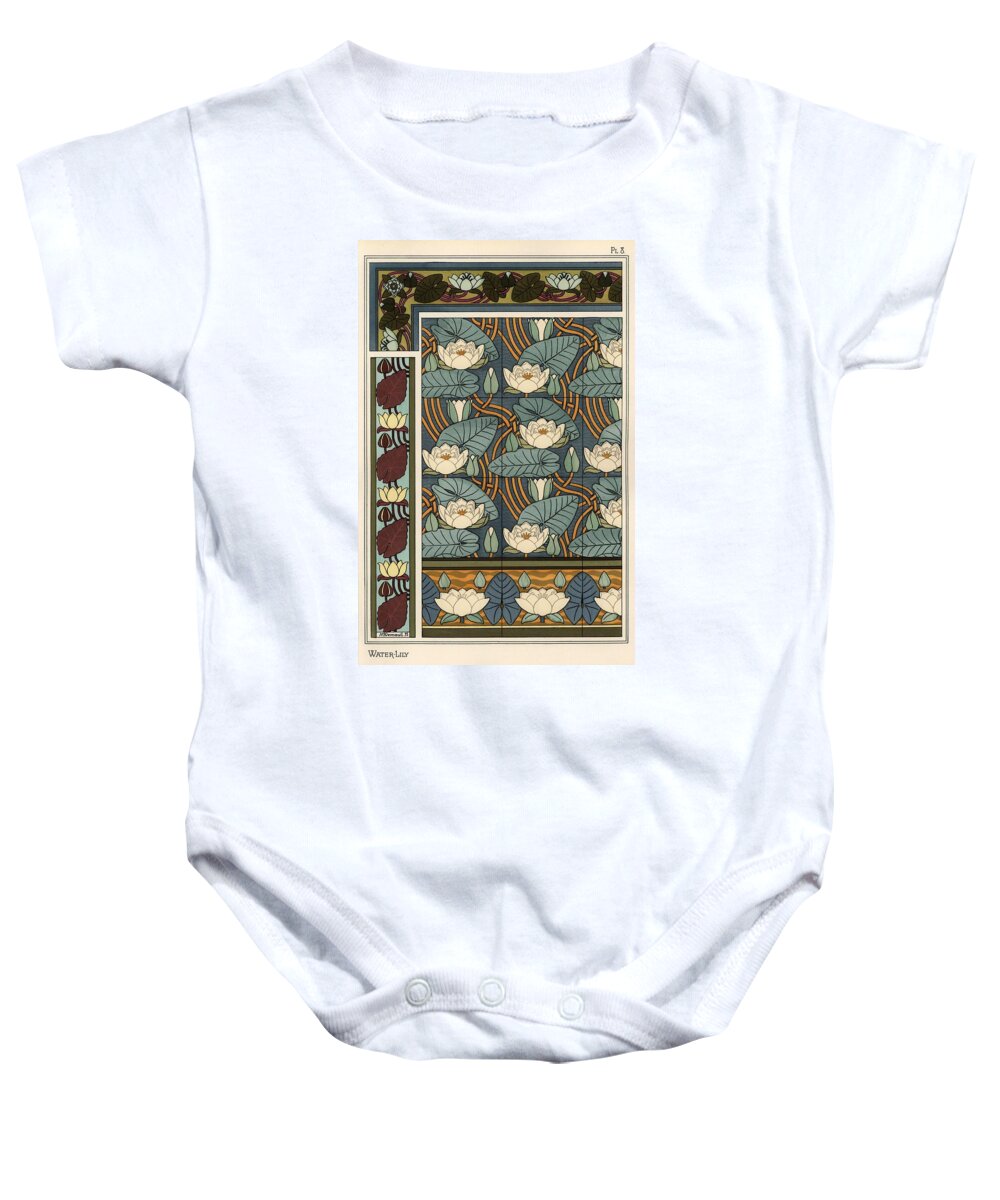 1841-1917 Baby Onesie featuring the drawing The water lily, Nelumbo lutea, in wallpaper and tile patterns. Lithograph by Verneuil. by Album