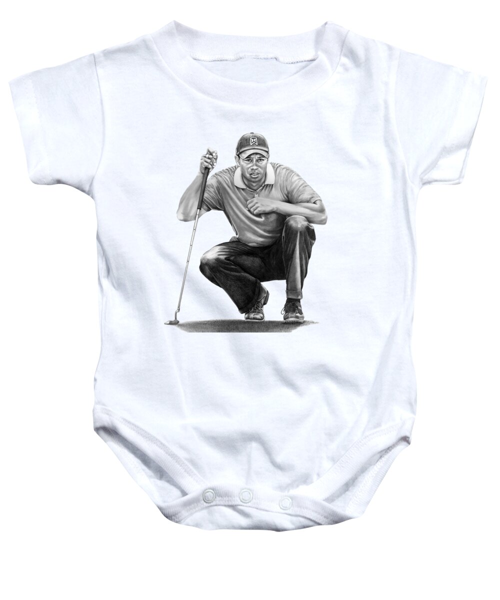 Pencil Baby Onesie featuring the drawing Tiger Woods Crouching Tiger by Murphy Elliott