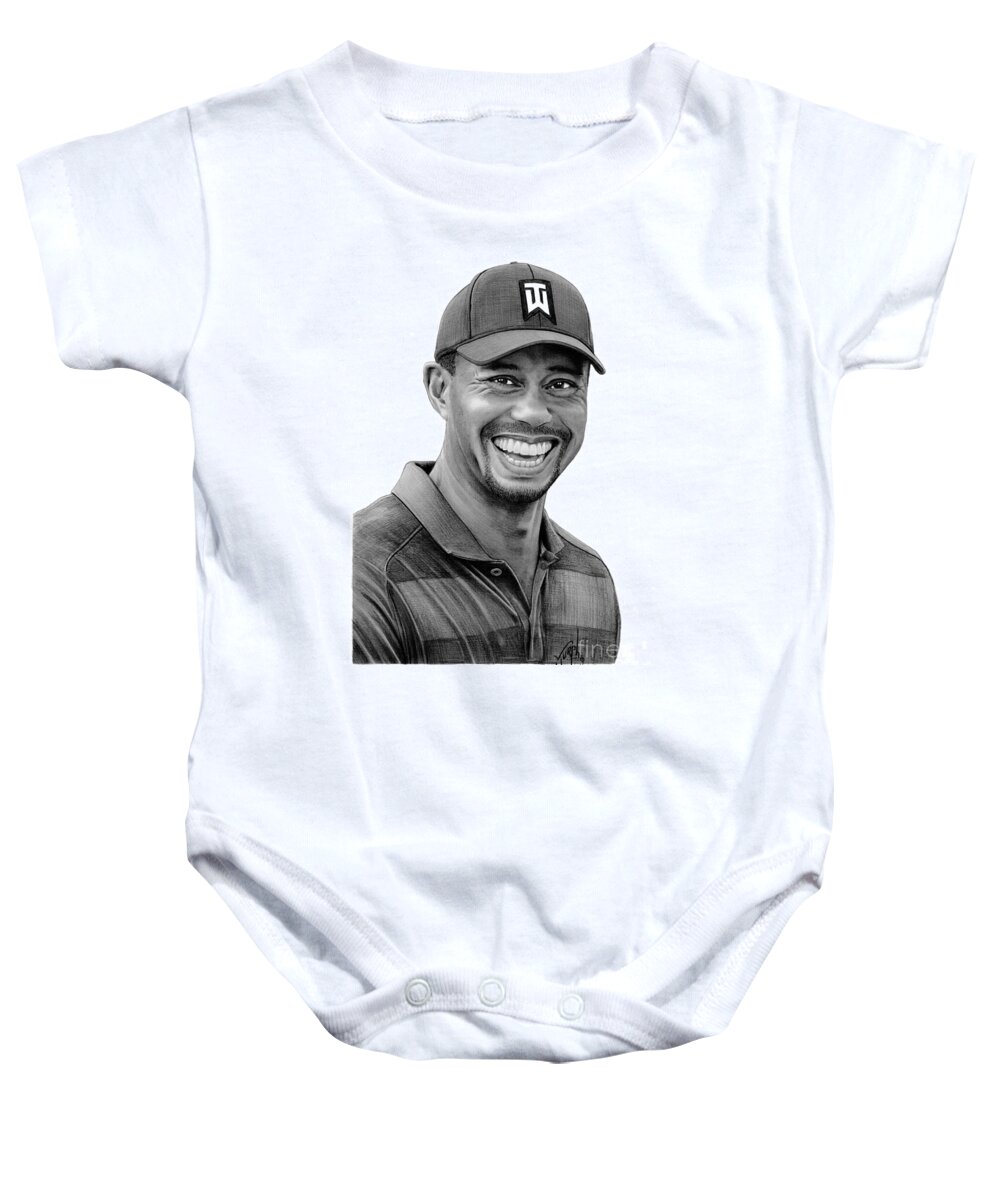 Pencil Baby Onesie featuring the drawing Tiger Woods drawing by Murphy Elliott
