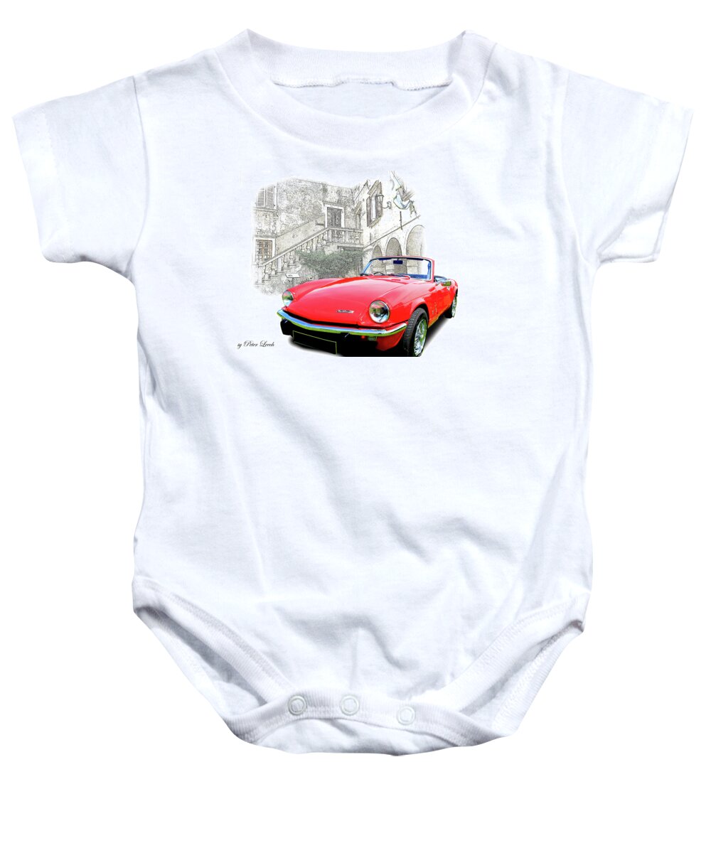 Triumph Baby Onesie featuring the photograph Triumph Spitfire on Grand Tour by Peter Leech