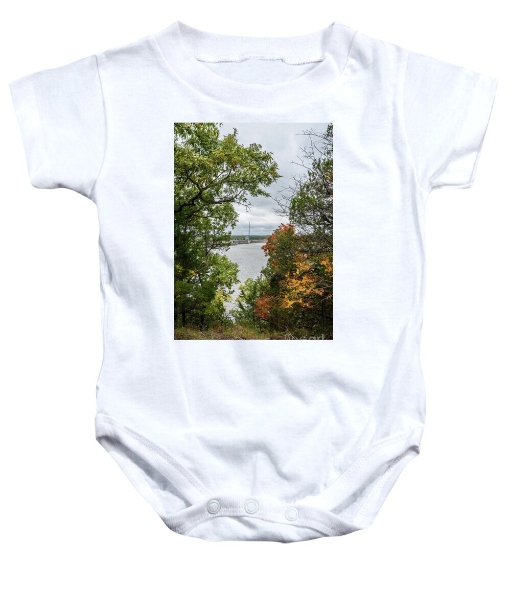 Ozarks Baby Onesie featuring the photograph Truman Dam Autumn Framed by Jennifer White