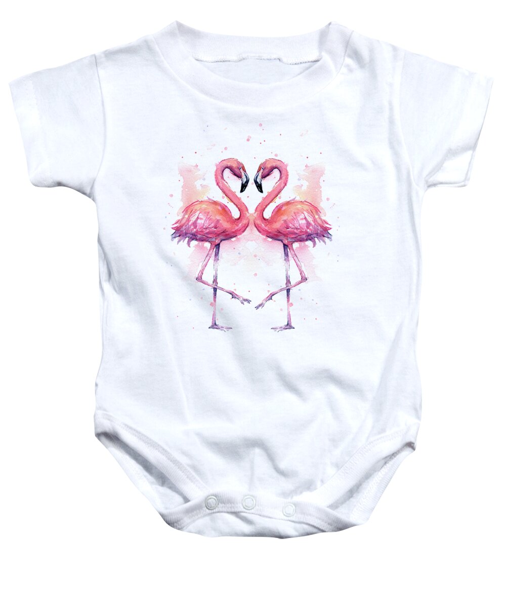 Flamingo Baby Onesie featuring the painting Two Flamingos In Love Watercolor by Olga Shvartsur