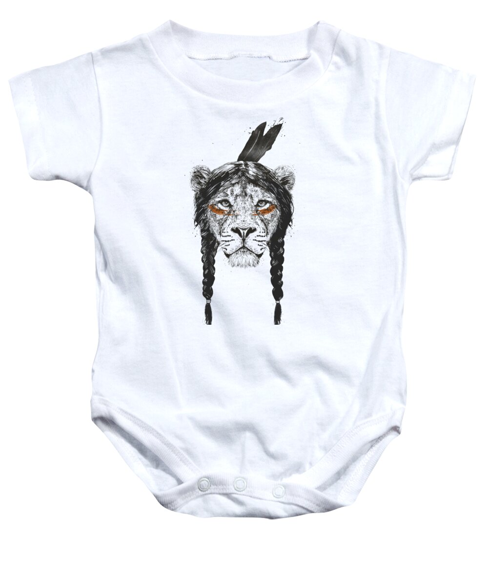 Lion Baby Onesie featuring the drawing Warrior lion by Balazs Solti
