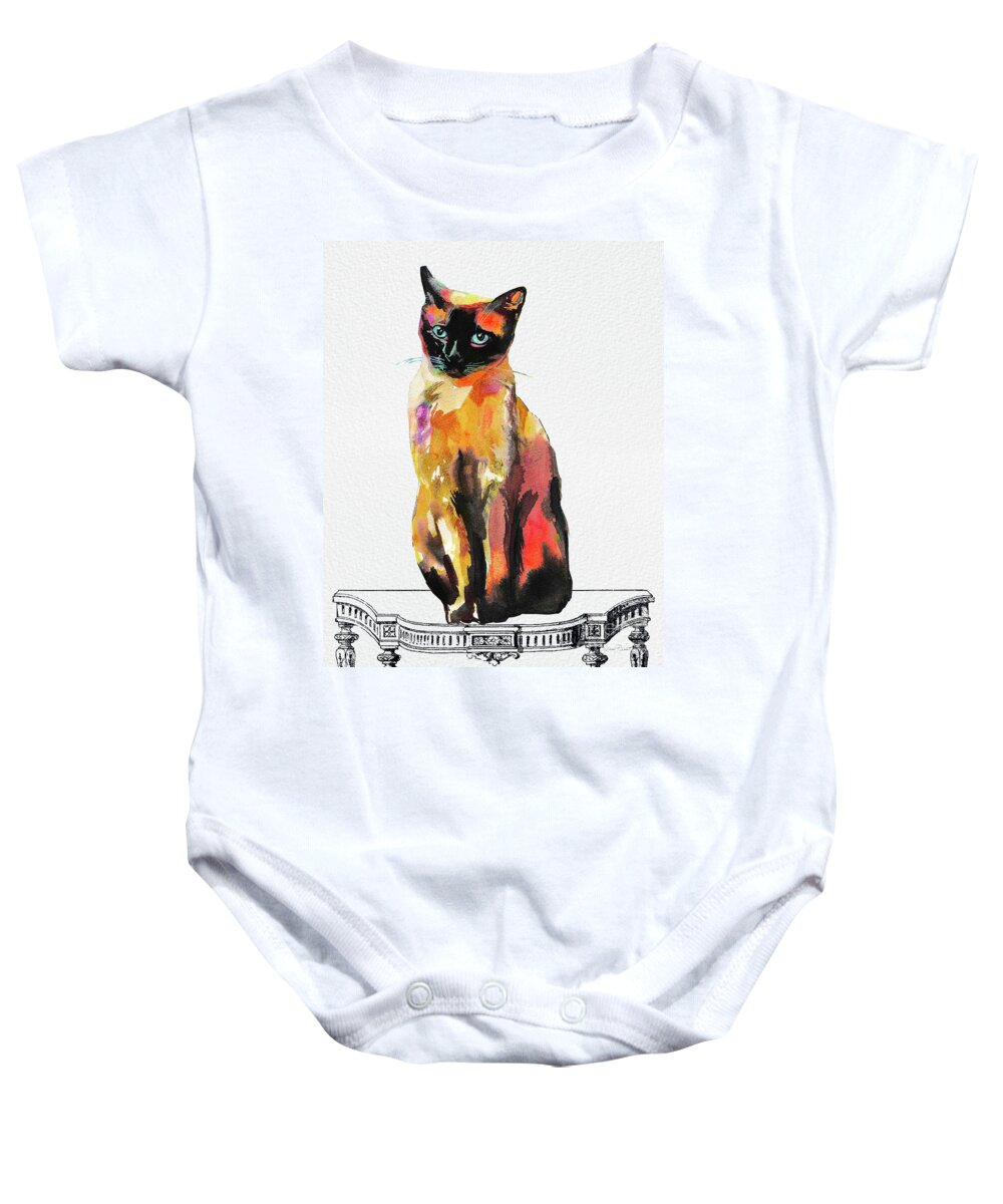 Cat Baby Onesie featuring the painting Watercolor Cat on Table C by Jean Plout