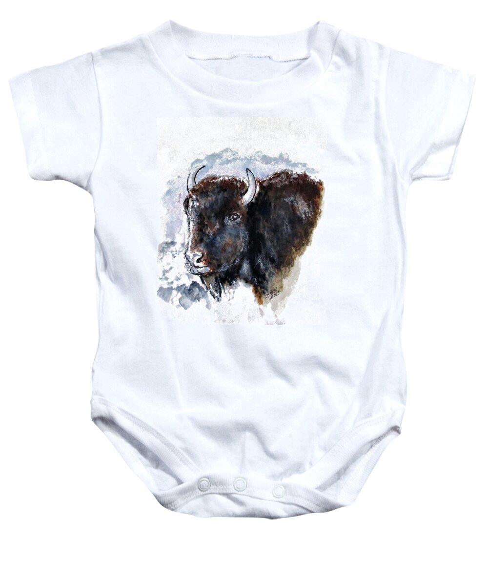 American Buffalo Baby Onesie featuring the painting What Do You Want? by Clyde J Kell