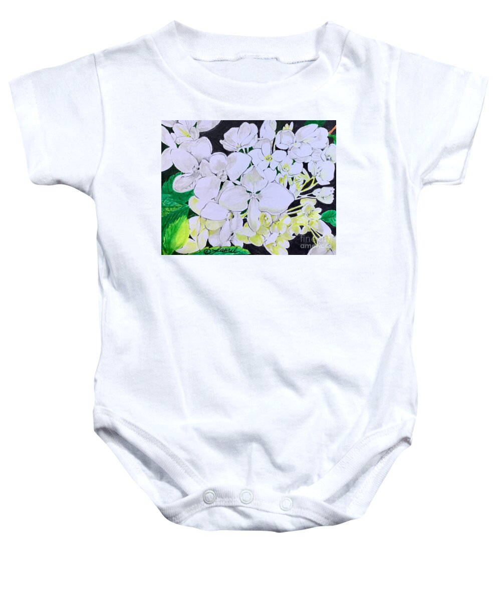Floral Abstract Baby Onesie featuring the painting White Pom Poms by Laurel Adams