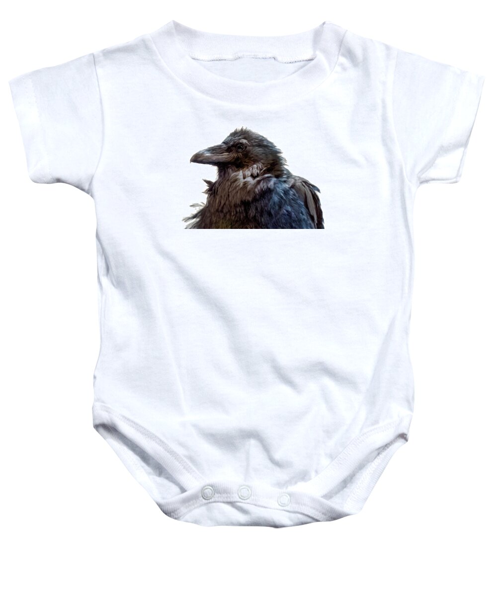 Raven Mug Gift Baby Onesie featuring the painting Wiley Raven by Jeanette Mahoney