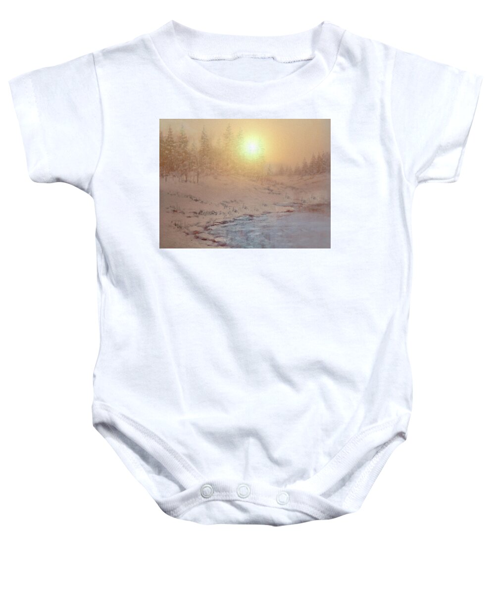 Morning Baby Onesie featuring the mixed media Winter Morning By The Lake by Johanna Hurmerinta
