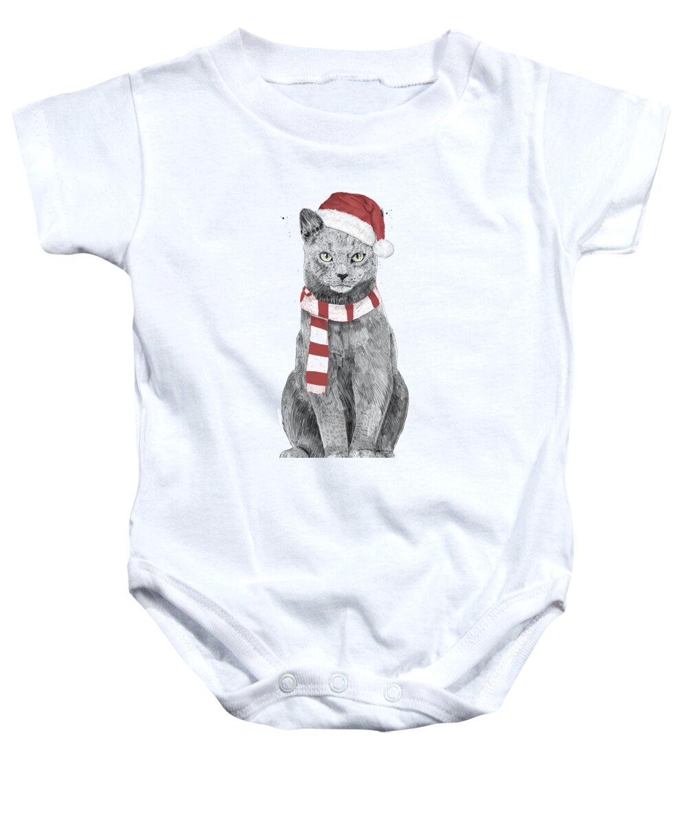 Cat Baby Onesie featuring the mixed media Xmas cat by Balazs Solti
