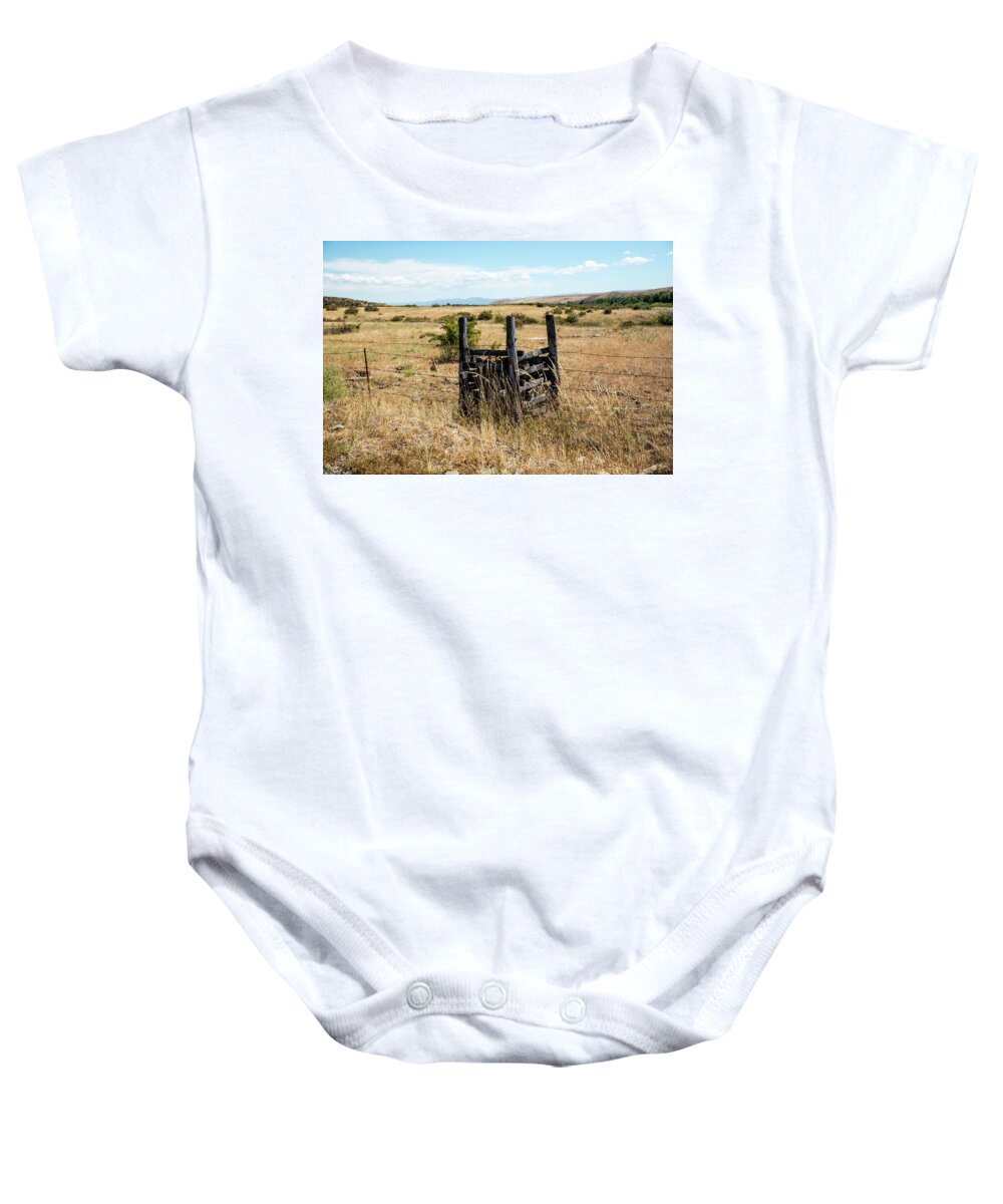 Yellow Grass And Fence Anchor Baby Onesie featuring the photograph Yellow Grass and Fence Anchor by Tom Cochran