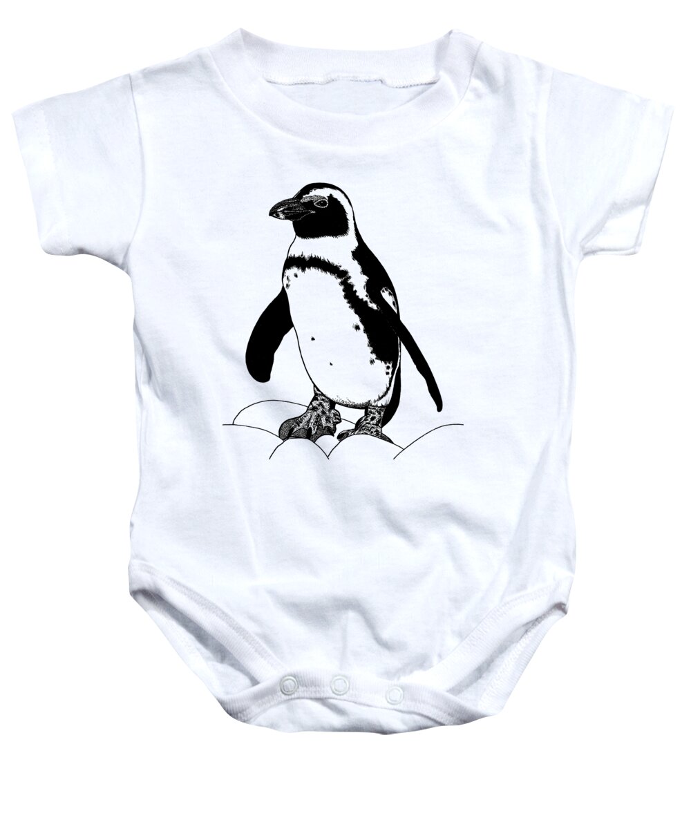 Penguin Baby Onesie featuring the drawing African penguin ink illustration #1 by Loren Dowding