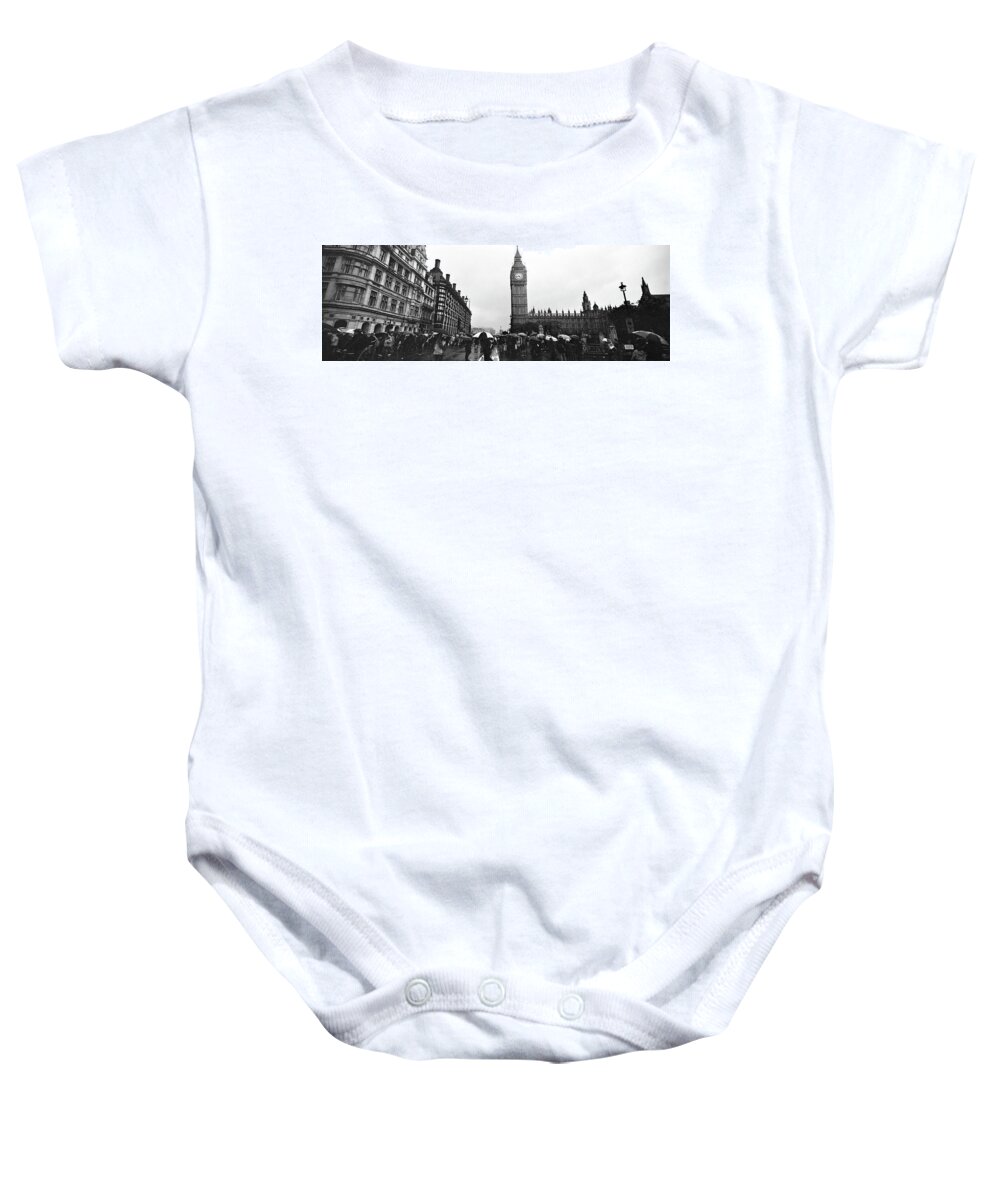 Panorama Baby Onesie featuring the photograph Big ben and the Houses of Parliament black and white #1 by Sonny Ryse