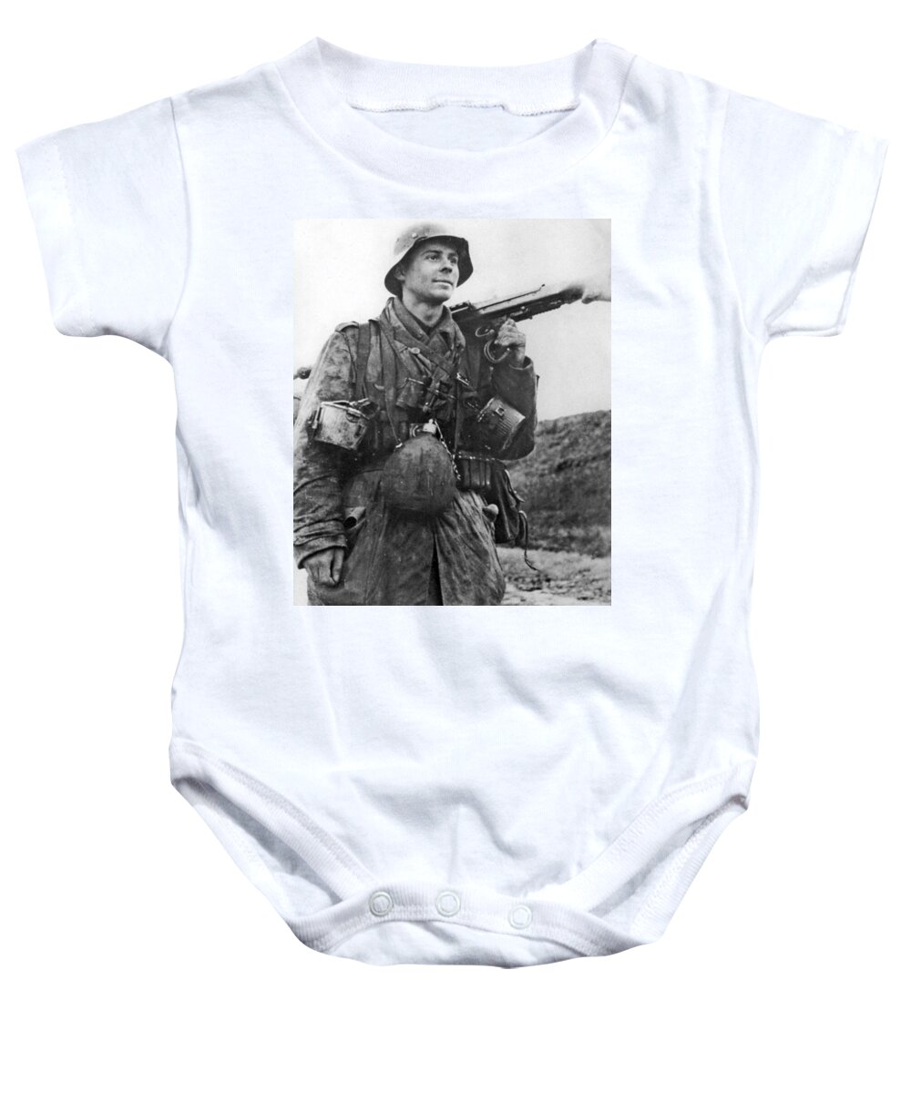 Mg 15 Machine Gunner In The Cockpit Of A Dornier Do 17 Bomber Baby Onesie featuring the painting MG 15 machine gunner in the cockpit of a Dornier Do 17 bomber by MotionAge Designs