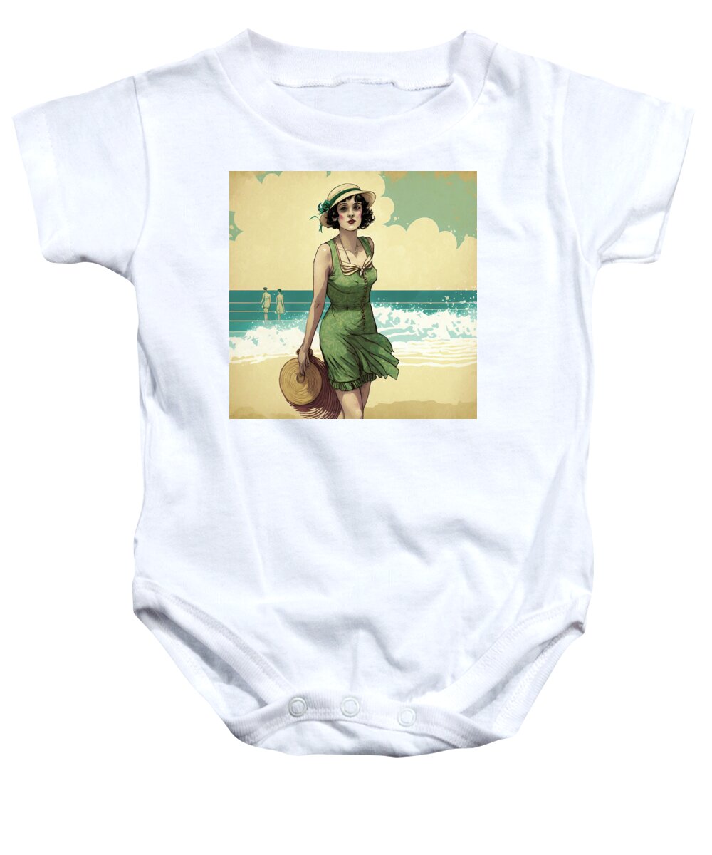 Flapper Baby Onesie featuring the digital art 1920s Flapper Woman at the Beach 01 by Matthias Hauser